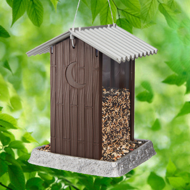 A heavy plastic birdfeeder shaped like an outhouse. Great for all sorts of birds