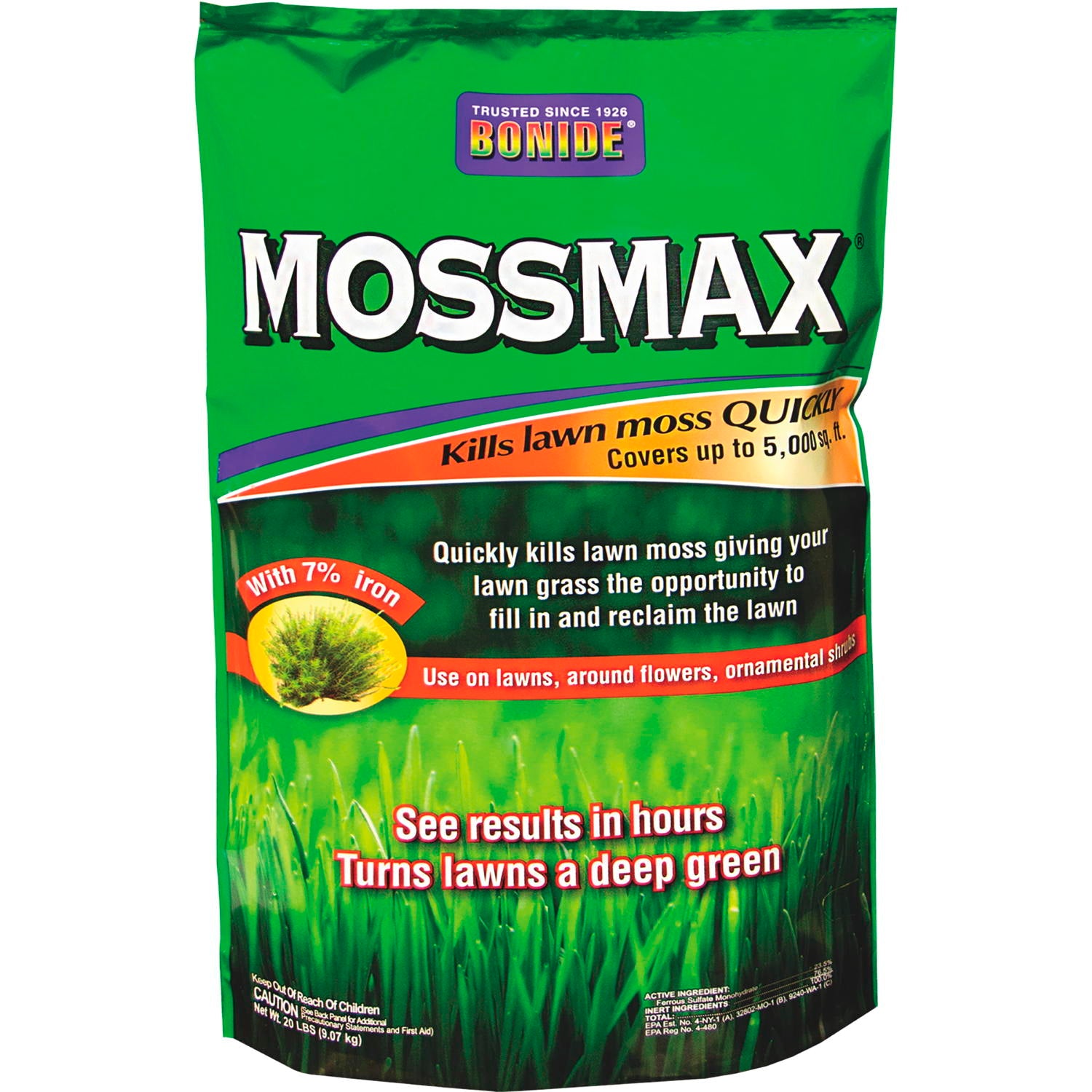Granules that kill moss in lawns in just a few hours. Covers 5,000 square ft
