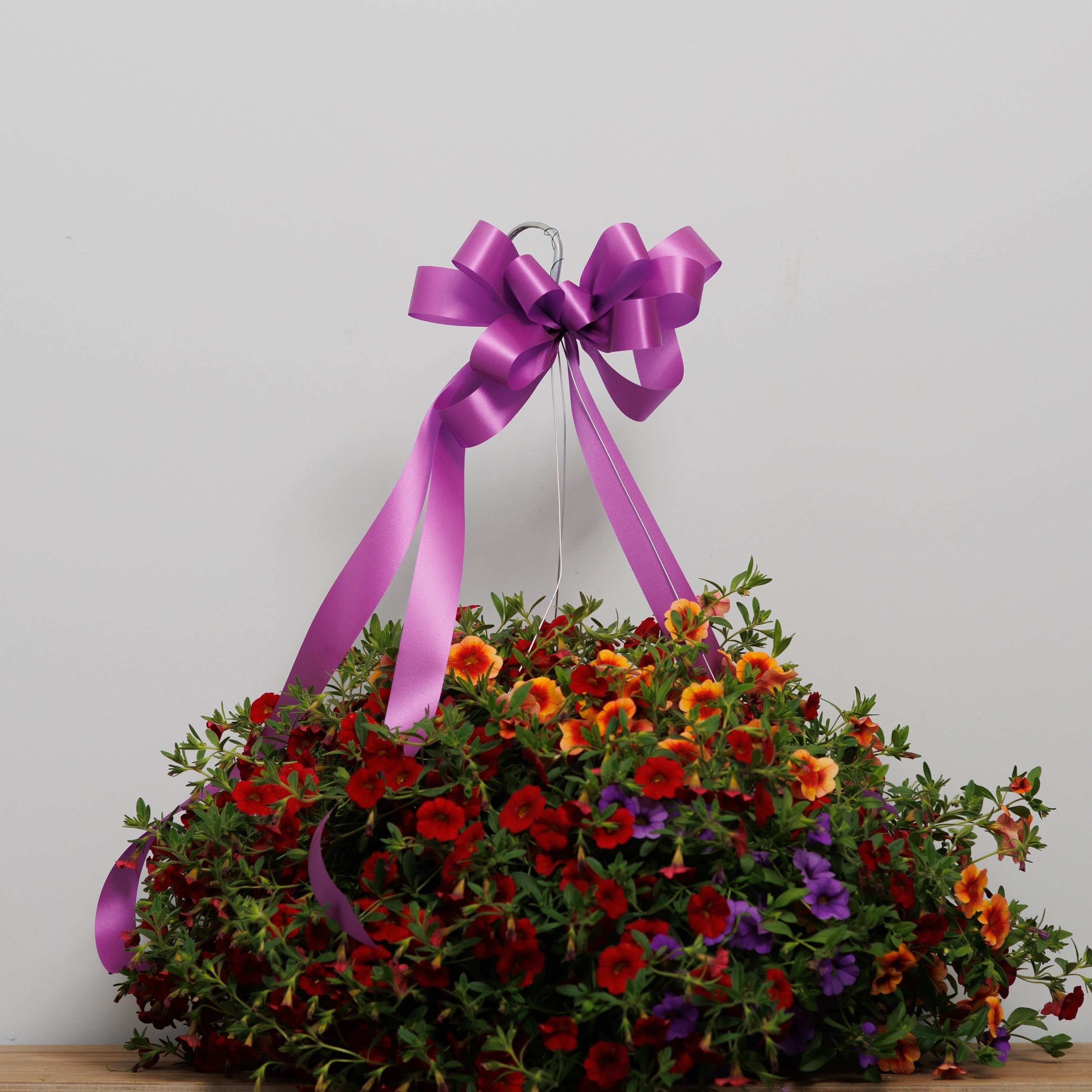 A red, purple and orange hanging basket.